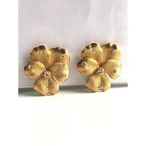 Rhinestone and Gold Floral Screw Back Earrings